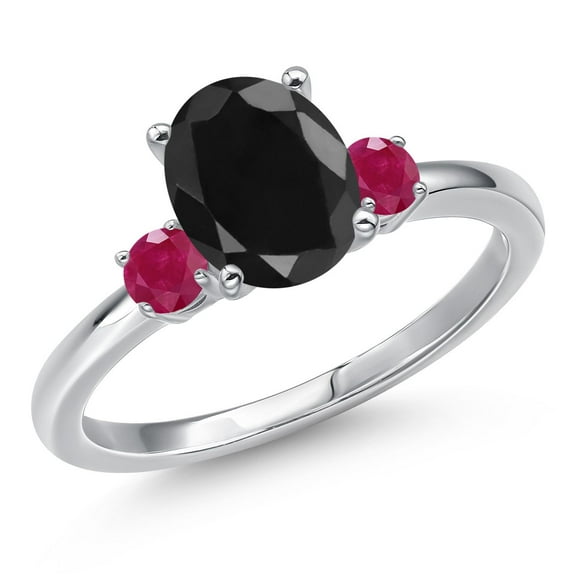Gem Stone King 14K White Gold Black Sapphire and Red Ruby Engagement Ring for Women | 2.81 Cttw | Oval 9X7MM | Gemstone September Birthstone | Size 6