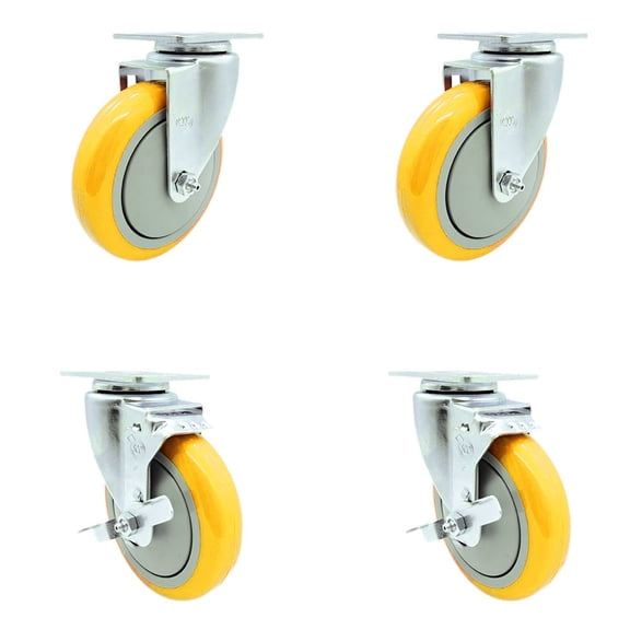 5 Inch Yellow Polyurethane Wheel Swivel Top Plate Caster Set with 2 Brakes SCC