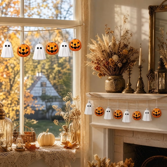 Fllostpr Halloween 12 Pc Hanging Ornaments, Ghost&Pumpkin Matte Baubles for Mantel Window Party