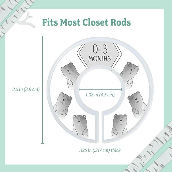 Baby Nest Designs Closet Dividers - 7x Baby Clothes Size Dividers, Newborn to 24 Months, Grey Animals Nursery Closet Organizer