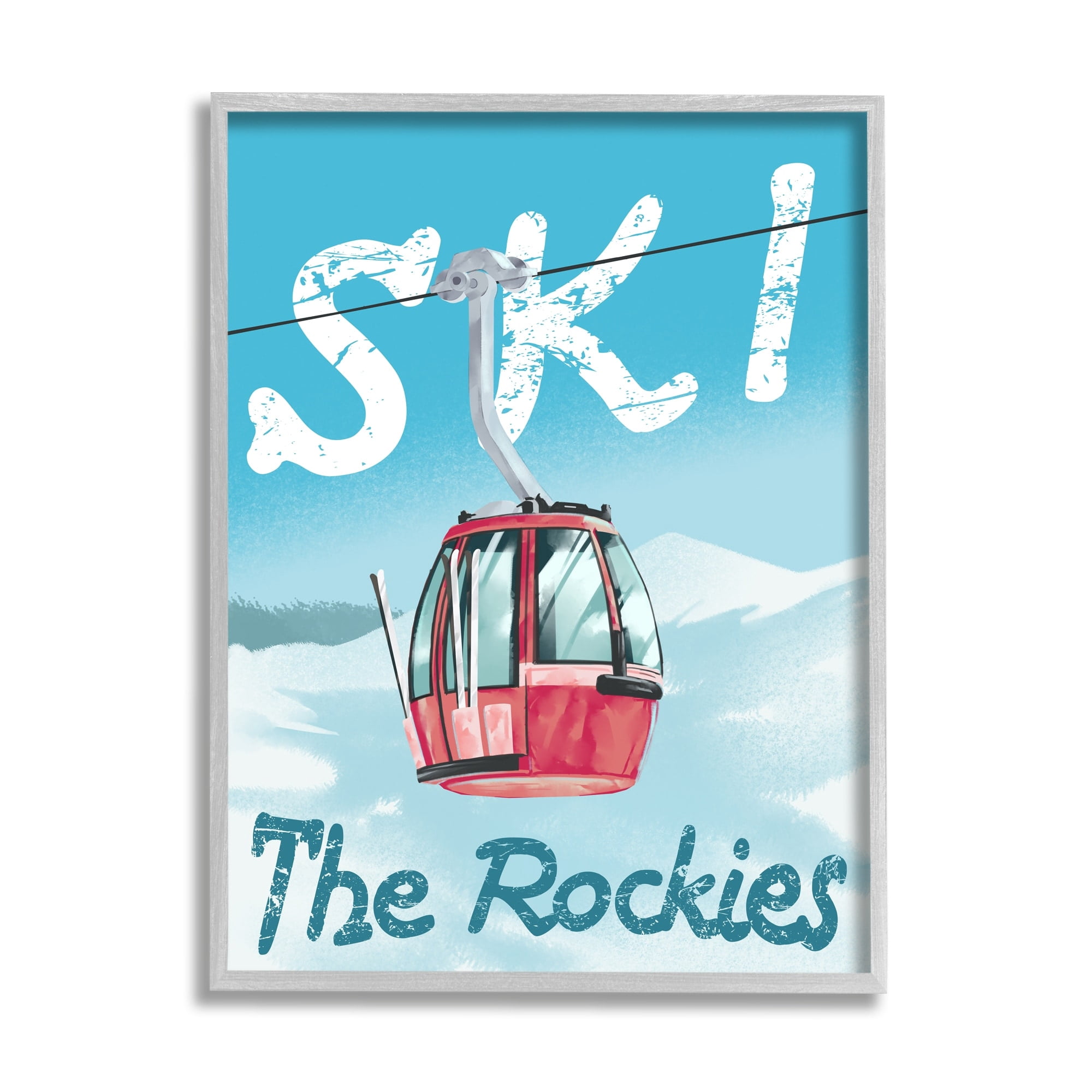 Stupell Industries Ski Trolly The Rocky Mountains Winter Blue Sports Painting Black Framed Art Print Wall Art, 11 x 14