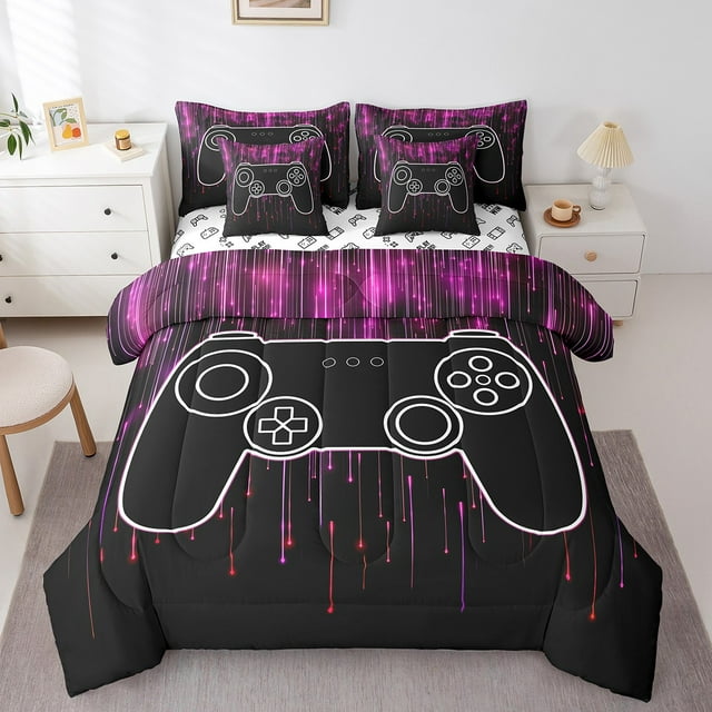Erosebridal Gamepad Print Bedding Sets Full Size, Modern Video Game Comforter Sets with Sheets, Neon Stripes Decor, Reversible