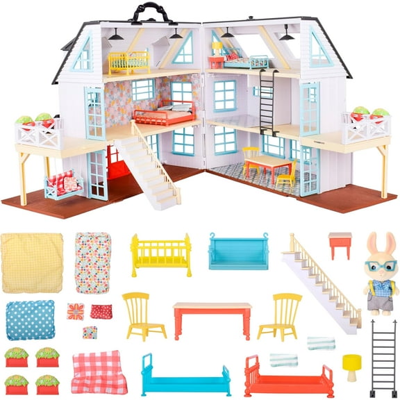 Honey Bee Acres Buzzby Farmhouse Dollhouse Playset | 3-Story With 25 Pieces, Miniature Figure & Furniture, Ages 3+