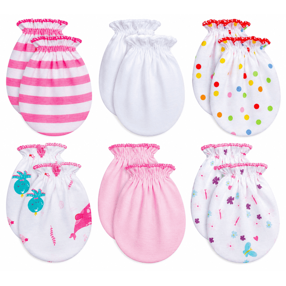 RATIVE Organic Cotton No-Scratch Baby Mittens for Newborn Girls, 0-6 Months, 6 Pairs, g46