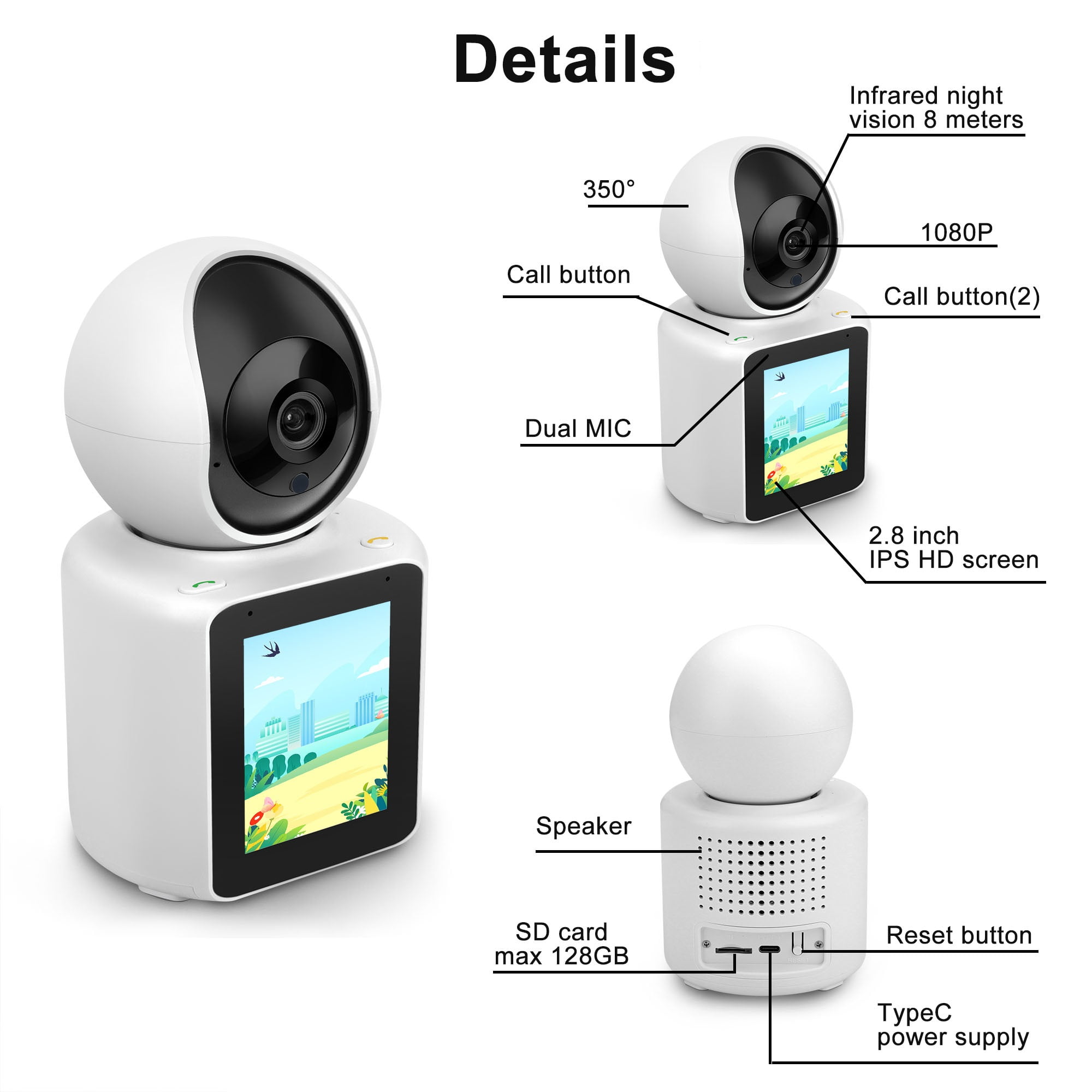 Two-Way Video Camera, Smart Security Camera, 2.8'' 1080p HD Screen, Night Vision, Motion Detection for Baby, Elderly