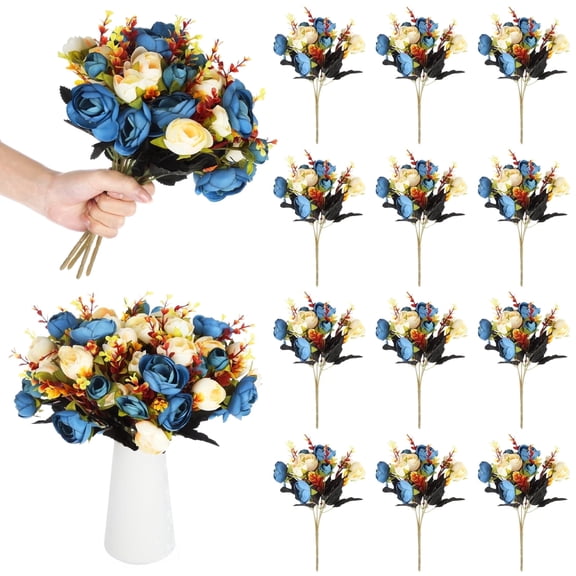12 Bunches Artificial Silk Rose Bouquets, Blue & White Faux Flowers for Table Centerpieces, Realistic Camellia Tea Roses for Wedding, Home, and Party Décor, Bendable Stems for Easy DIY Arrangements