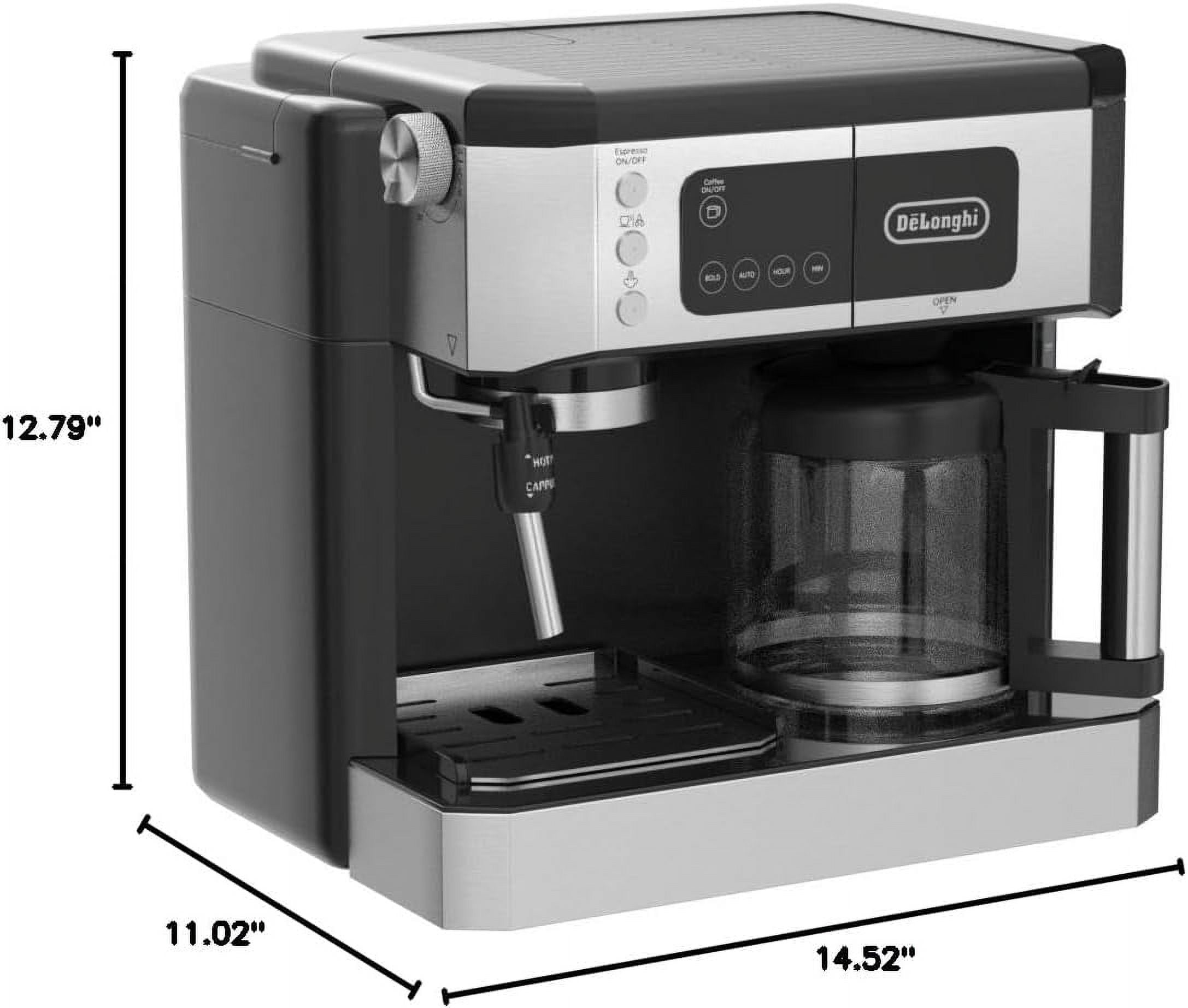De'Longhi All-in-One Combination Coffee Maker & Espresso Machine + Advanced Adjustable Milk Frother for Cappuccino & Latte + Glass Coffee Pot 10-Cup, Black, COM532M