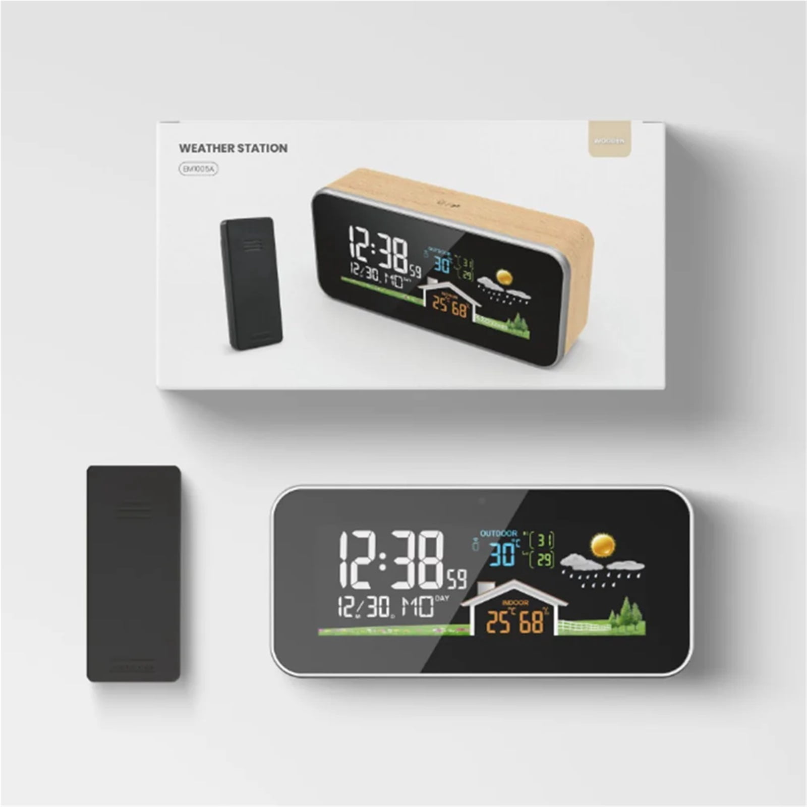 Wireless Weather Station Wooden Alarm Clock Digital Thermometer Humidity Temperature Wireless Sensor Home Desktop Time Watch