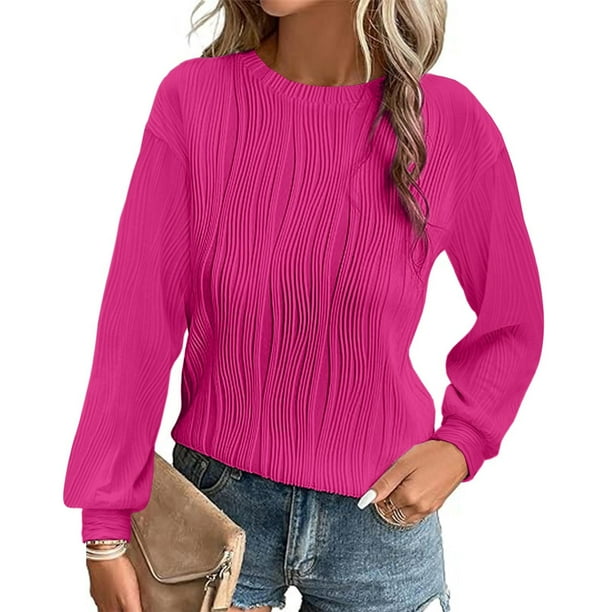 Ailaofu Womens Tops Trendy Dressy Casual Long Sleeve Crewneck Basic T Shirts Solid Loose Textured Blouses Outfits