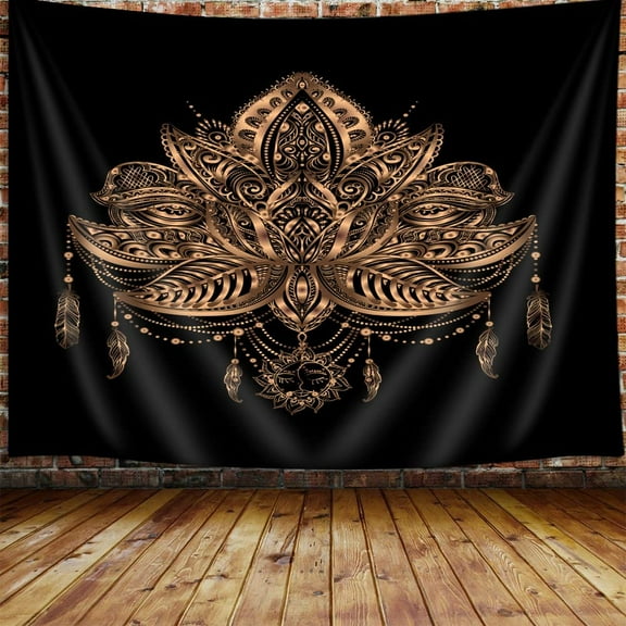 Spiritual Lotus Tapestry Wall Hanging, Black and Gold Psychedelic Meditation Lotus Dreamcatcher Feather Tapestries, Bedroom Livingroom Zen Decor Spa Boho Wall Art Decorations, Small Tapestry 60X40IN