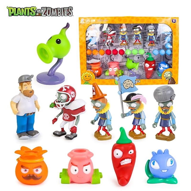 plantas vs. zombies 2 juego de catapulta, 10 piezas, figuras de acción de dibujos animados set frontal con catapulta guisante verde sobre base morada, cinco zombis con cascos y sombreros en distintas poses, figura humana con camisa blanca y pantalón azul, y cuatro plantas caricaturescas (naranja, rosa, chile rojo y azul) con caja amarilla de empaque al fondo; adecuado como coleccionables para juego.