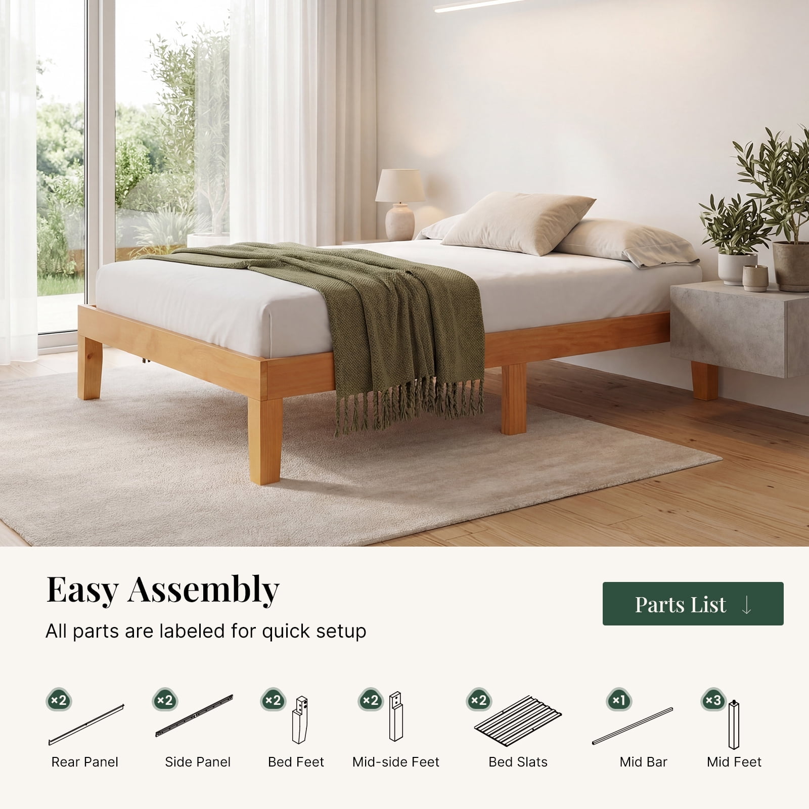 CONCETTA 12 Inch Twin Natural Pine Platform Bed Frame, Wood Slat Support, No Box Spring Needed