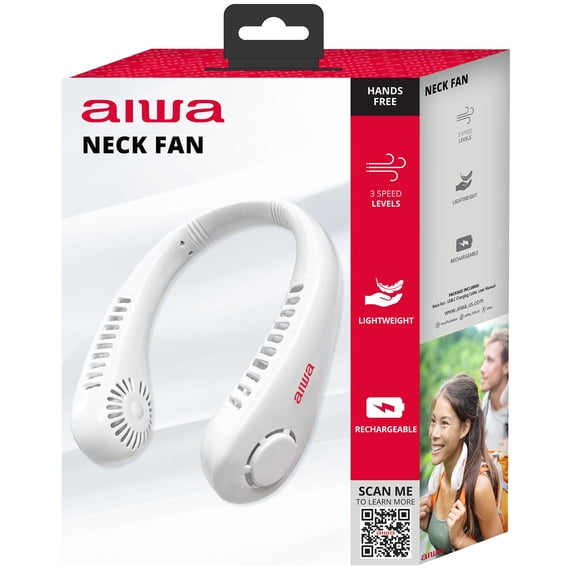 Aiwa Fan, Portable Neck Fan, Rechargeable Personal Fan with 3 Speeds, Hands-Free Battery Powered Fan for Home, Travel, Outdoor Use, White