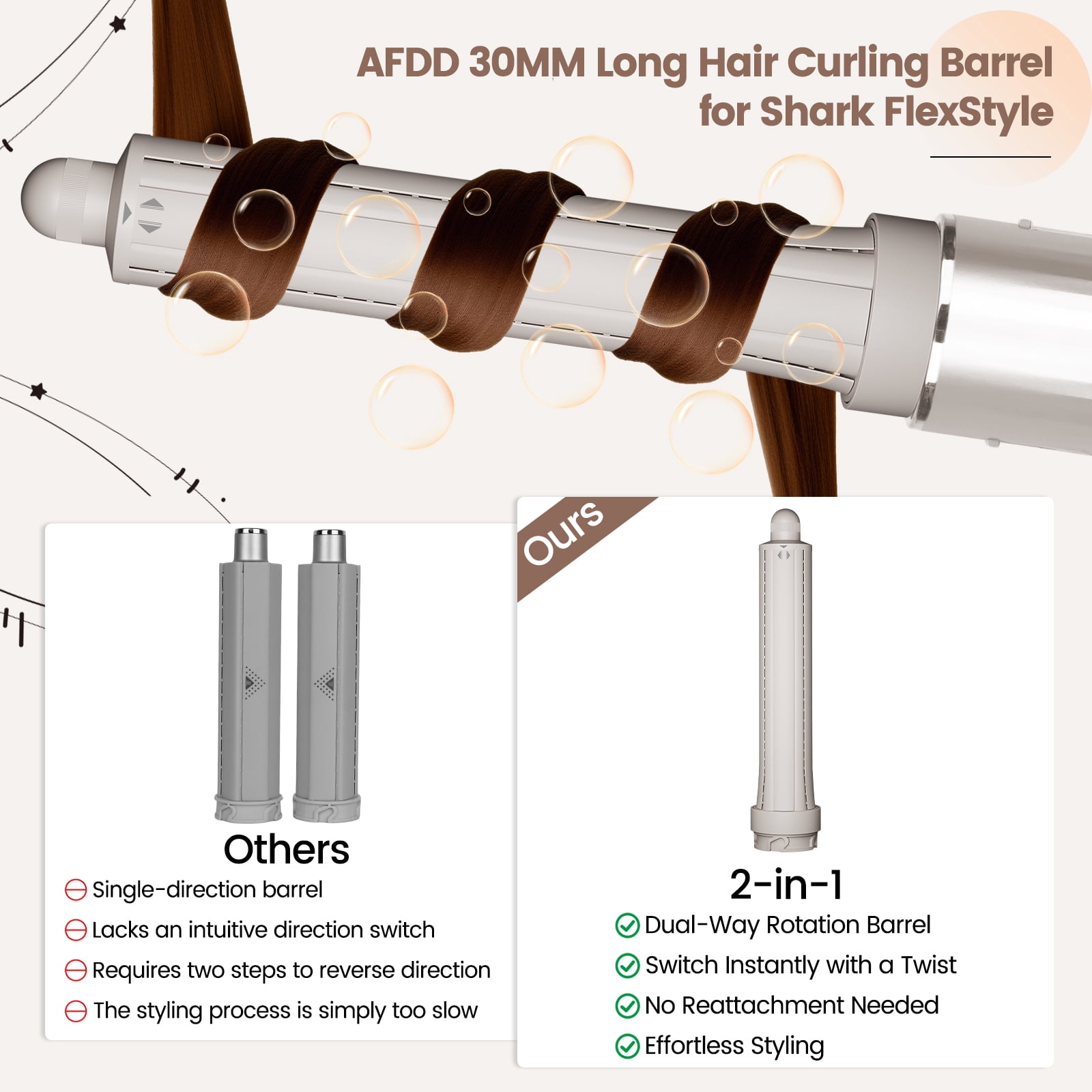 AFDD 30MM Long Hair Curling Barrel Attachment compatible with Shark FlexStyle 1.2Inch Wide Extra Automatic Curling Attachment with Both Directions for Voluminous Curls