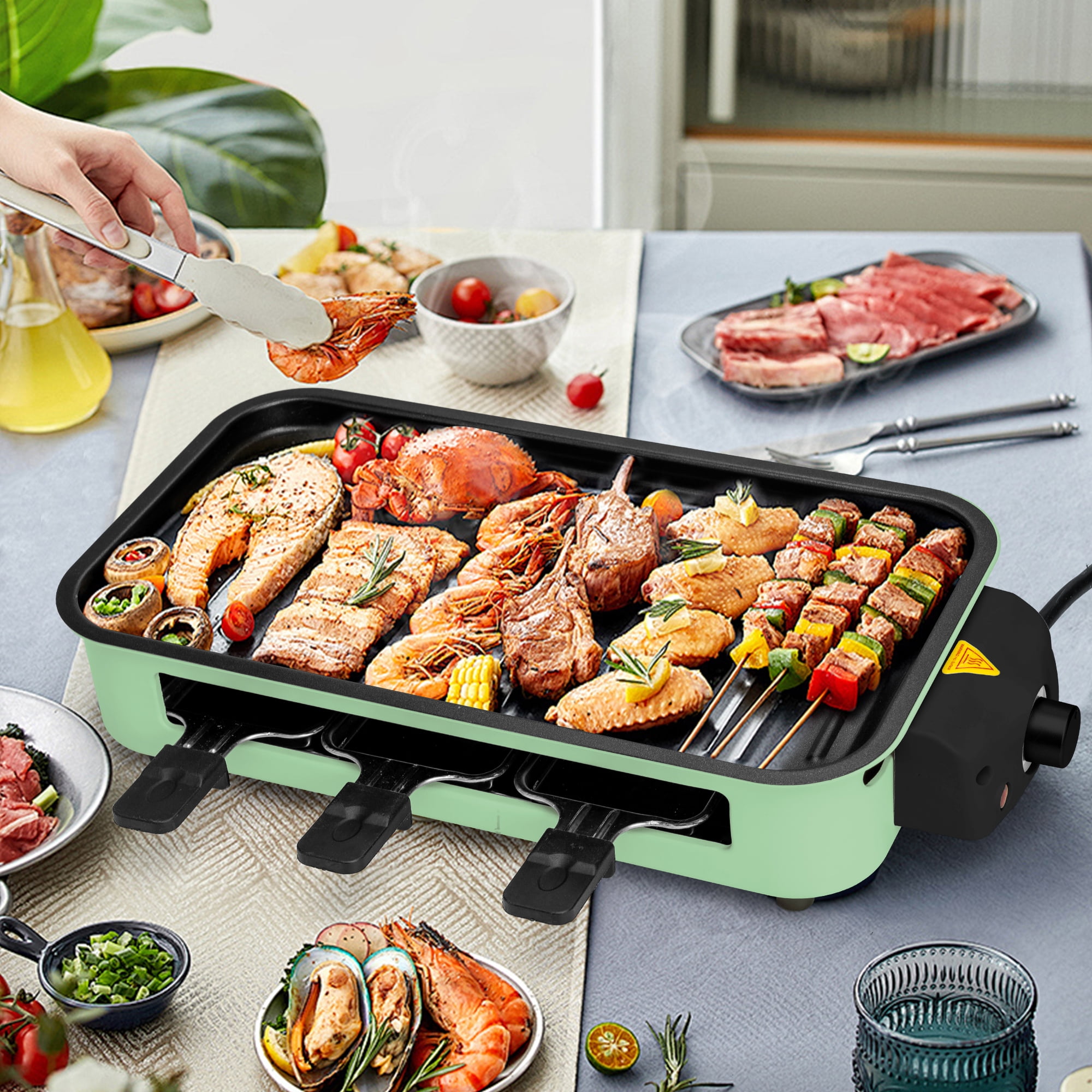 SUSLAS Electric Indoor Grill & Griddle, 1500W Smokeless Design with 3 Removable Nonstick Plates, Dishwasher Safe, Adjustable Temperature Control for Indoor Cooking(green)