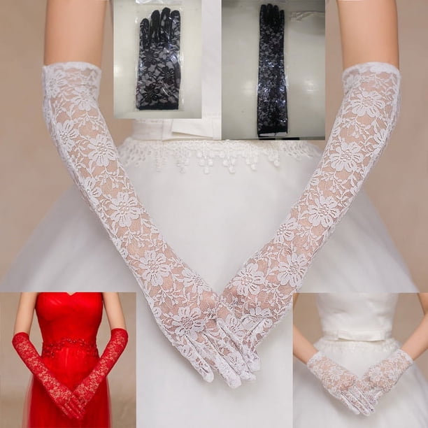 Guantes de novia de encaje con protección solar, color blanco, rojo y negro, para boda, etiqueta, rendimiento