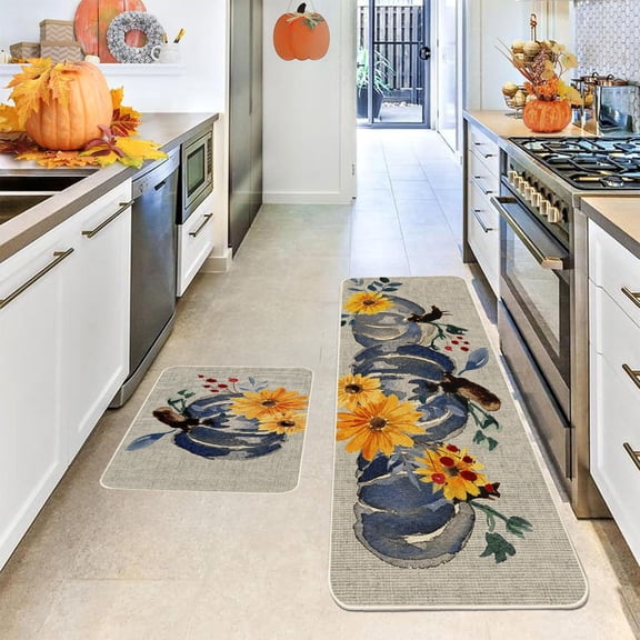 PALIFEUR Fall Kitchen Rugs Set of 2, Non Slip Washable Fall Decor Pumpkin Maple Leaf Kitchen Mats for Floor, Soft Thick Halloween Rug Thanksgiving Mat for Home Holiday Party Halloween Decoration