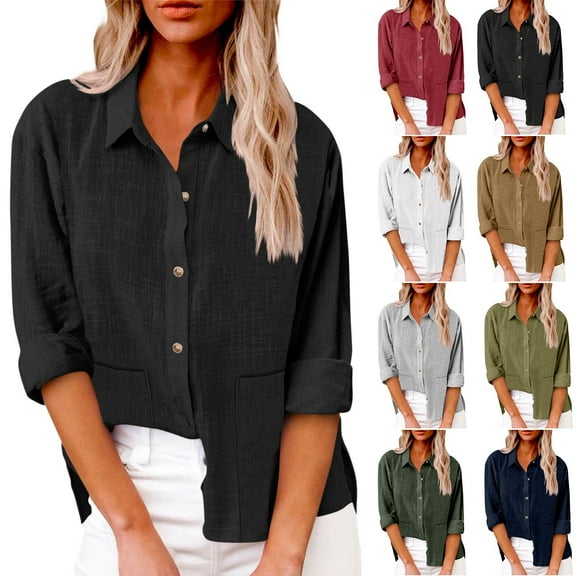 Horkkom Button Down Shirts for Women Solid Color Long Sleeve Linen Shirts Fall Loose Slit Casual Tops with Pockets L, Gifts for Women