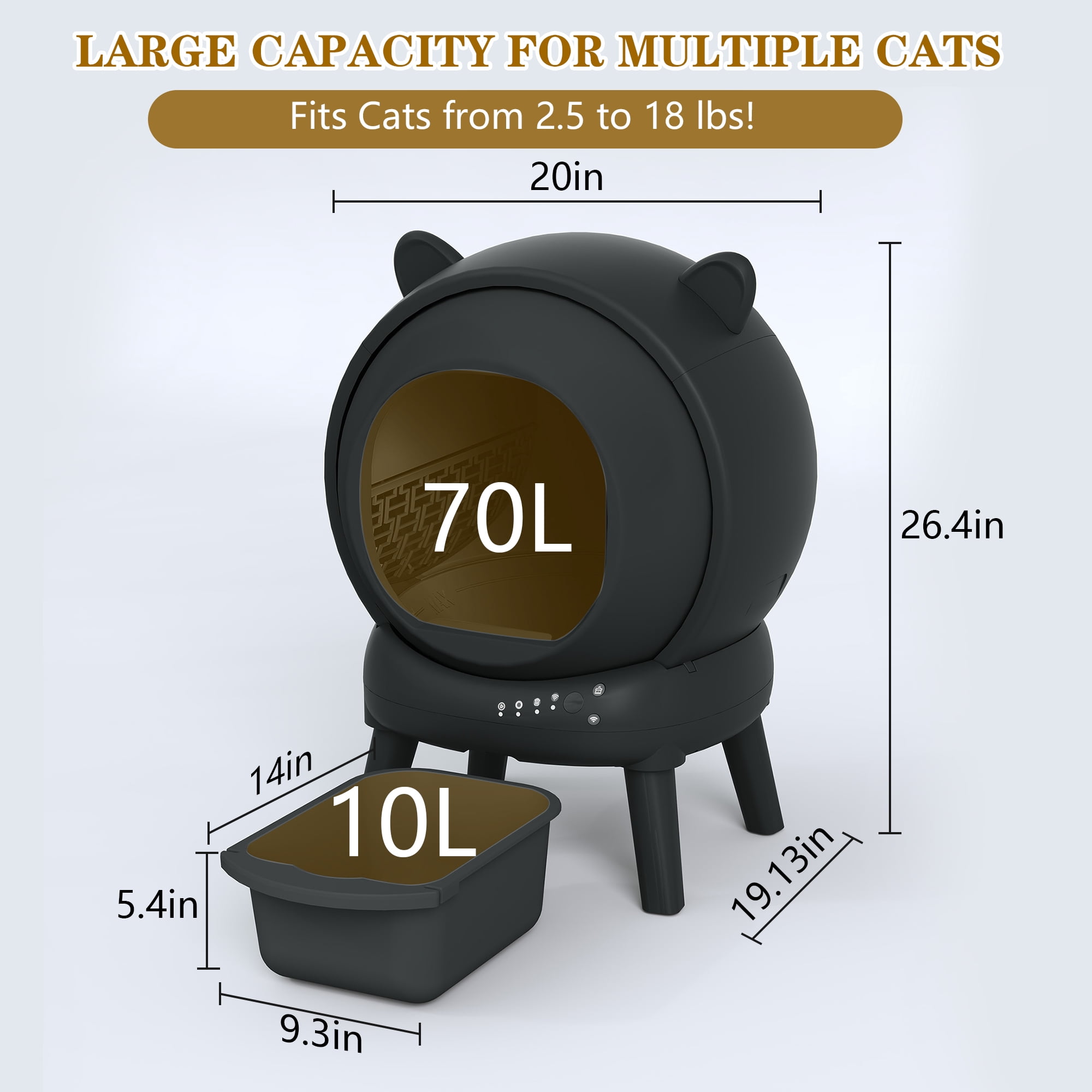 HLR 70L Smart Automatic Self-Cleaning Cat Litter Box, APP Control/Integrated Safety Protection, Cat Ears Design, Black