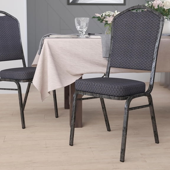 Crown Back Stacking Banquet Chair in Black Patterned Fabric - Silver Vein Frame