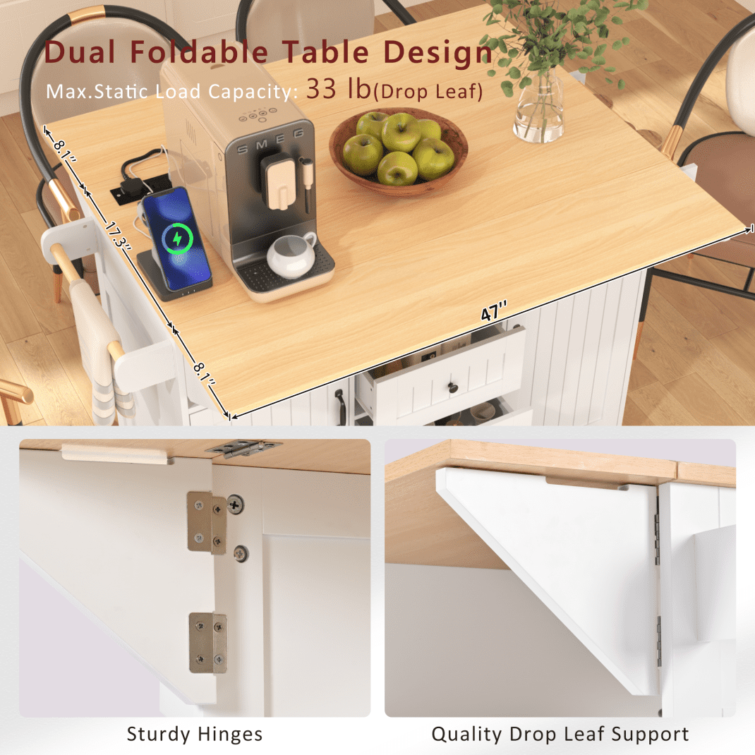 56" Large Kitchen Island with 2 Drop Leafs, Rolling Kitchen Cart on 5 Wheels W/Power Outlet & 3 Drawers, Folding Storage Dining Table W/Spice & Towel Racks, for Kitchen, Dining Room, White