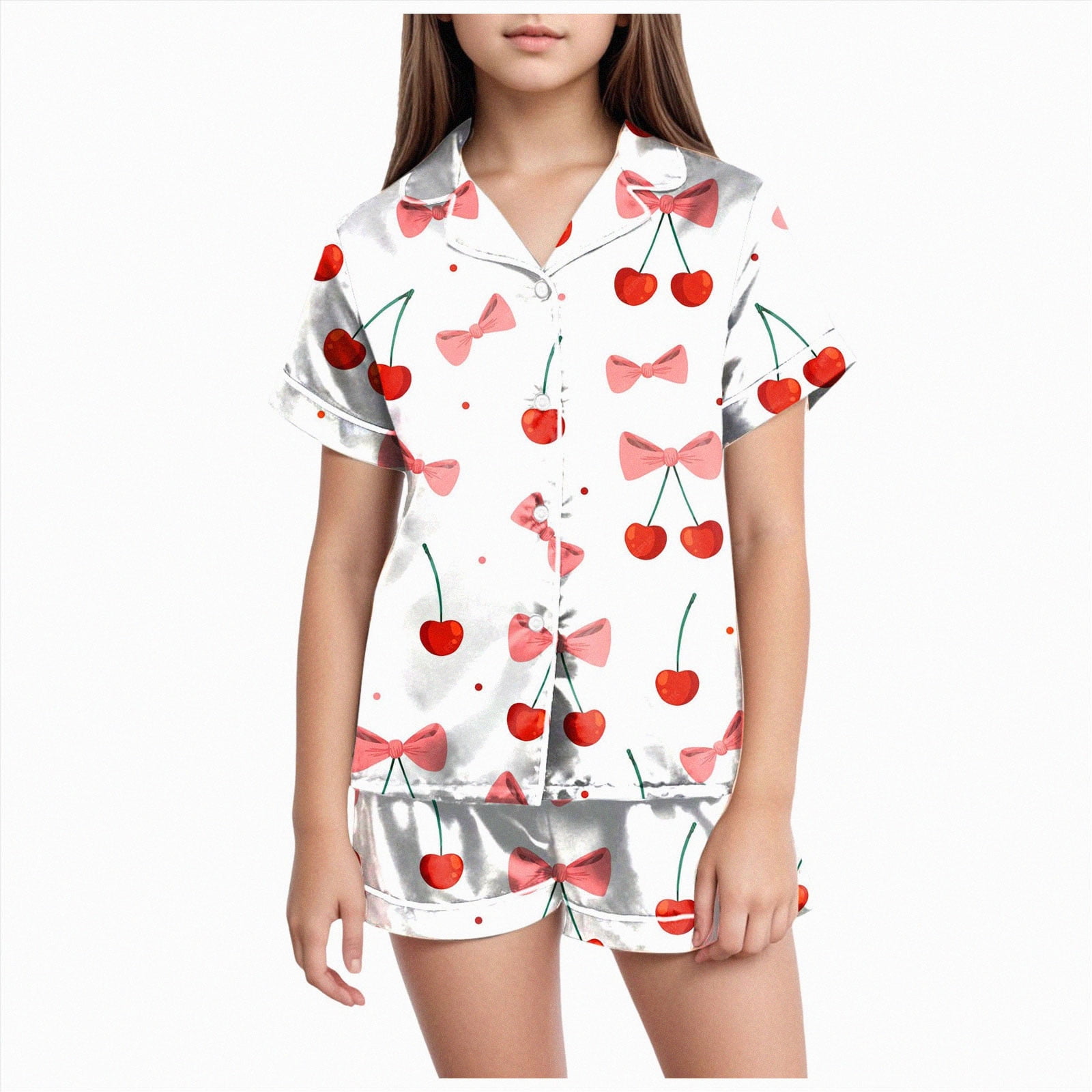 Gubotare Girls Pajama Sets Girls Pajamas Set Soft Short Sleeve Pjs Set Button-Down Sleepwear Nightwear Loungewear Size 6-7 (Watermelon Red 6-7 Years)