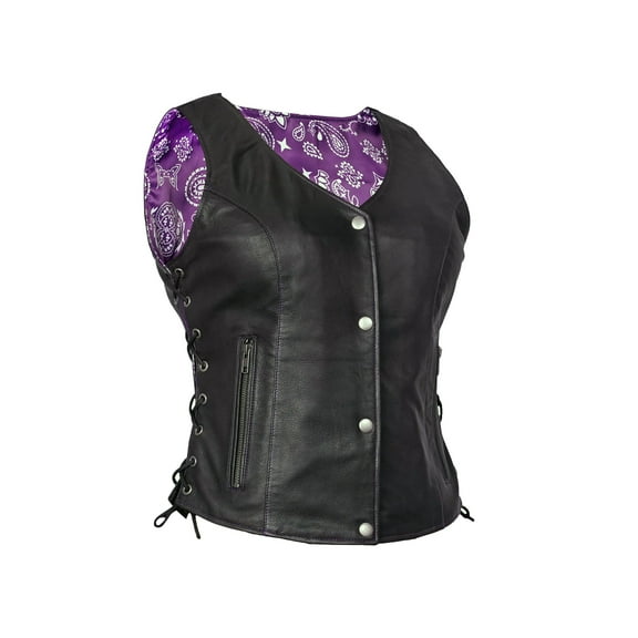 Calypsa Women's Black Leather Motorcycle Vest with Side Laces and Inner Utility Pockets – Goat Skin with Purple Paisley Liner