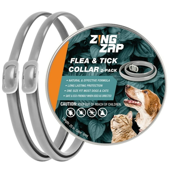 ZingZap Flea & Tick Collar 2-Pack Gray, Protects from Biting Insects, Adjustable Fits Both Dogs & Cats, Built-in Plant Based Formula, Slow-Release Lasting Protection, Waterproof