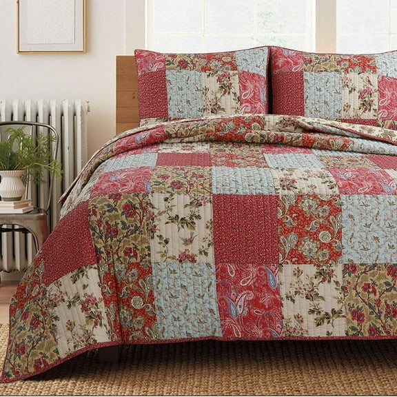 Cozy Line Rosemond Floral Patchwork 100% Cotton 3-Piece Quilt Bedding Set, Queen Set