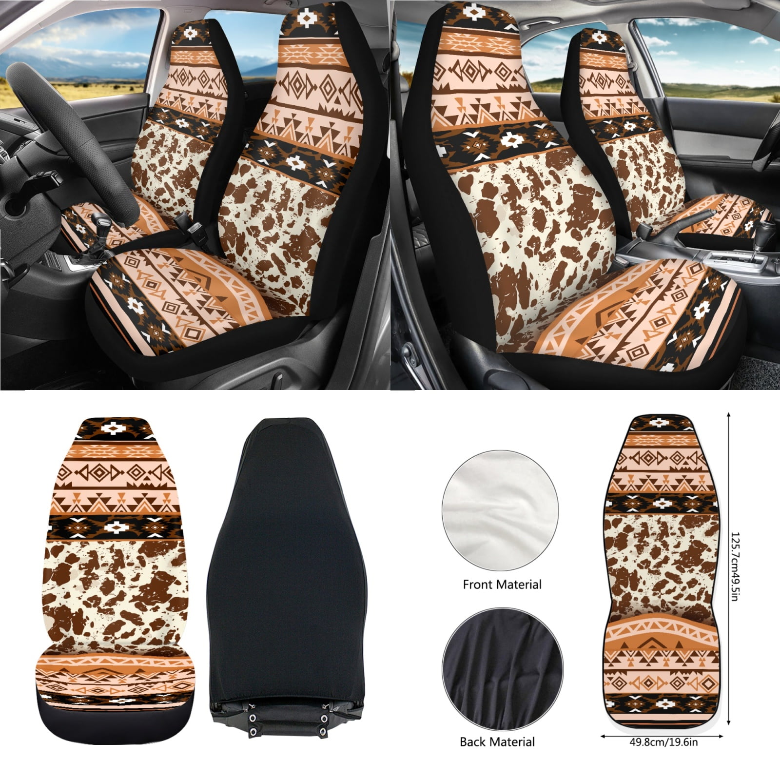 Renewold American Tribal Cow Print 12 PCS Front Car Seat Cover Set with Steering Wheel Seat Belt Armrest Rear View Mirror Cover Trash Can Coaster Keychain Air Vent Pouch Auto Decor Universal Fit