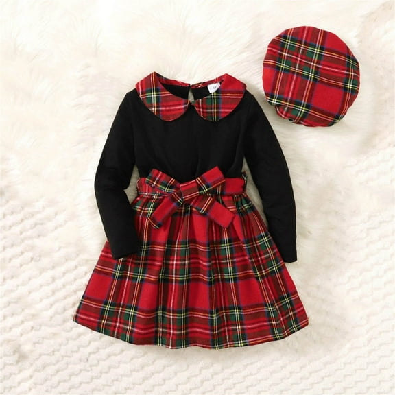 Auroural Girls Clothes Sets Size 5 Girls Skirt Set 5T Fashionable Children's Christmas Long Sleeved Plaid Dress With Hat Two-piece Set 5 Years