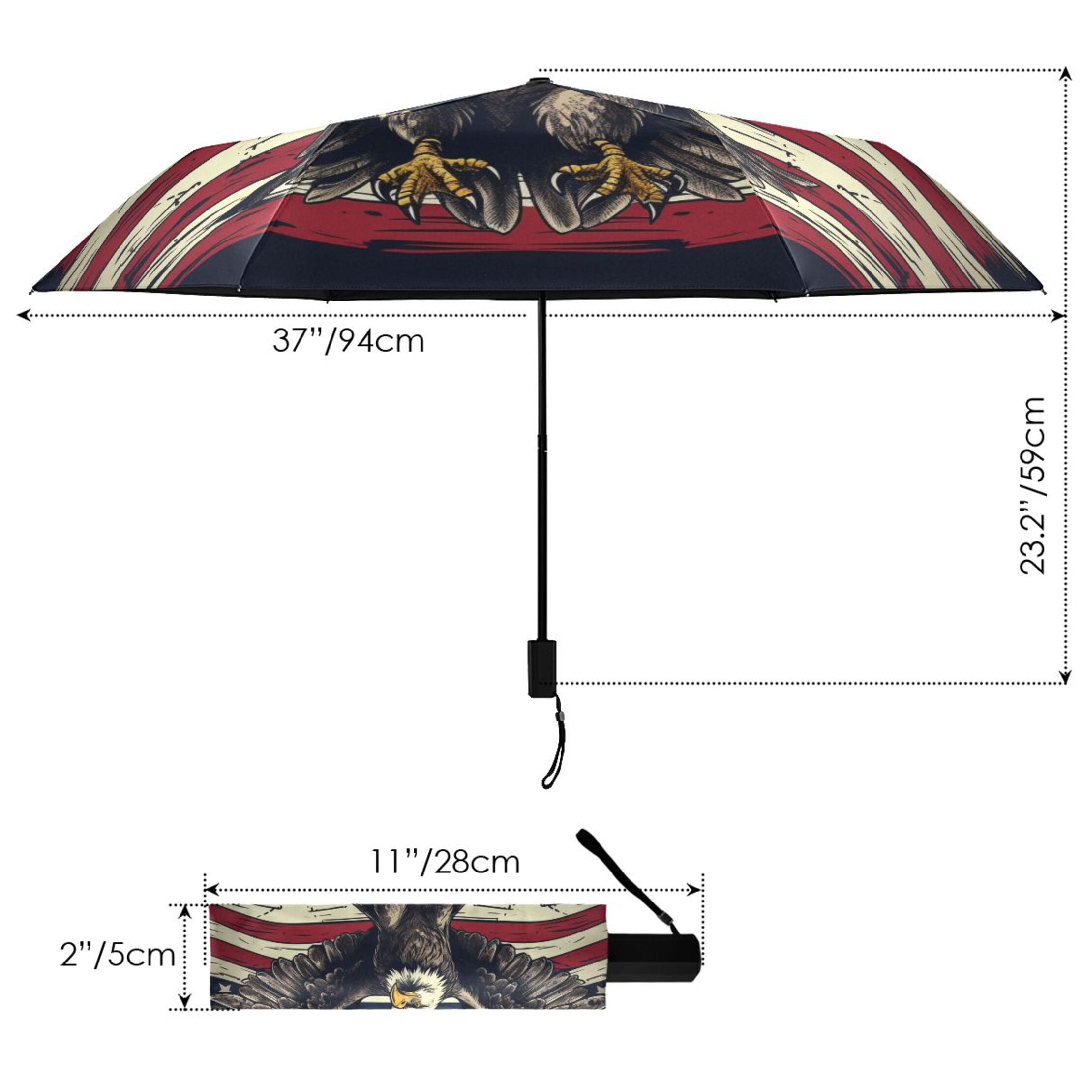 Hand Drawn Eagle and American Flag Compact Sun Umbrella Windproof Travel Umbrellas for Rain Strong Portable UV Protection