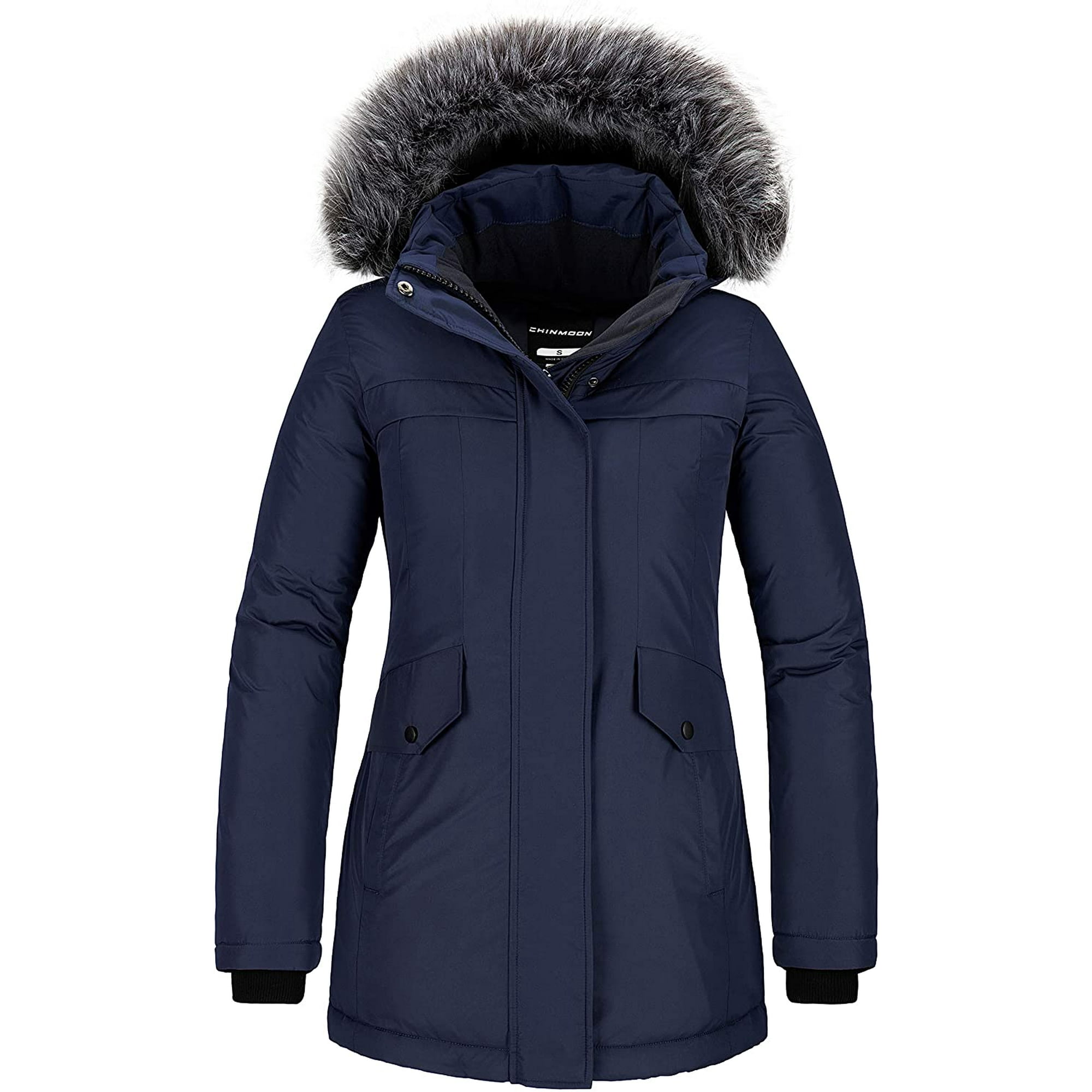 Women s RDS Down Jacket Hip Length Winter Coat Warm Puffer Parka Coat with Fur Hood Walmart