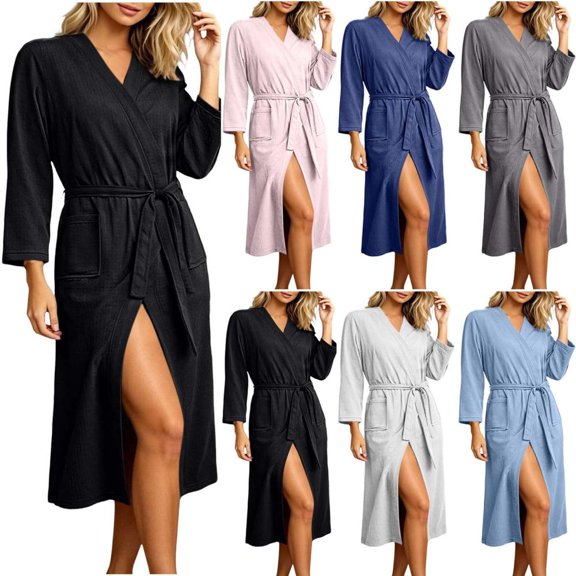 Bxsruta Womens Bathrobe Long Sleeve V Neck Bath Robe Belted Lounge Sleepwear