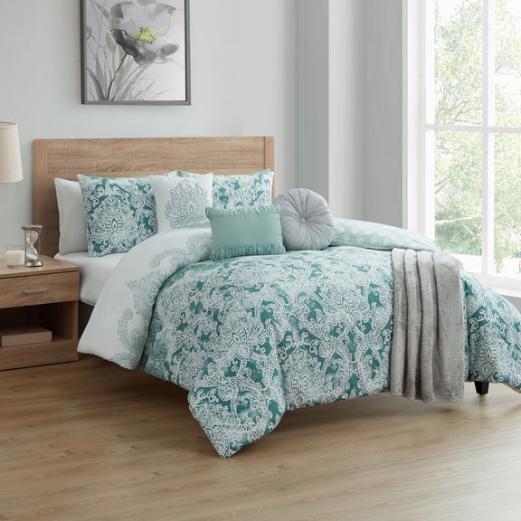7 Pieces Comforter Set, Bedding with Shams, Decorative Pillows and Throw by VCNY Home