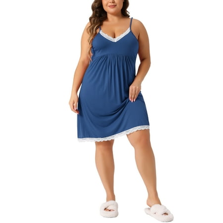 Agnes Orinda Women s Plus Size Pajama Lace Spaghetti Straps Babydoll Chemise Nightgown Lingerie V Neck Nightdress 1X Blue