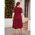 thumbnail image 6 of Plus Size Lace Chiffon Wrap Crew Neck Dresses Women Cocktail Wedding Guest Midi Dress Wine Red XL, 6 of 7