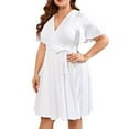 thumbnail image 3 of QUYUON Women's Plus Size Vintage Swing Dress with Belt Solid Color Summer Faux Wrap V-Neck Short Sleeve T-Shirt Dress Casual Loose A-Line Cocktail Party Knee Length Dress Beach Sundress, White L, 3 of 7