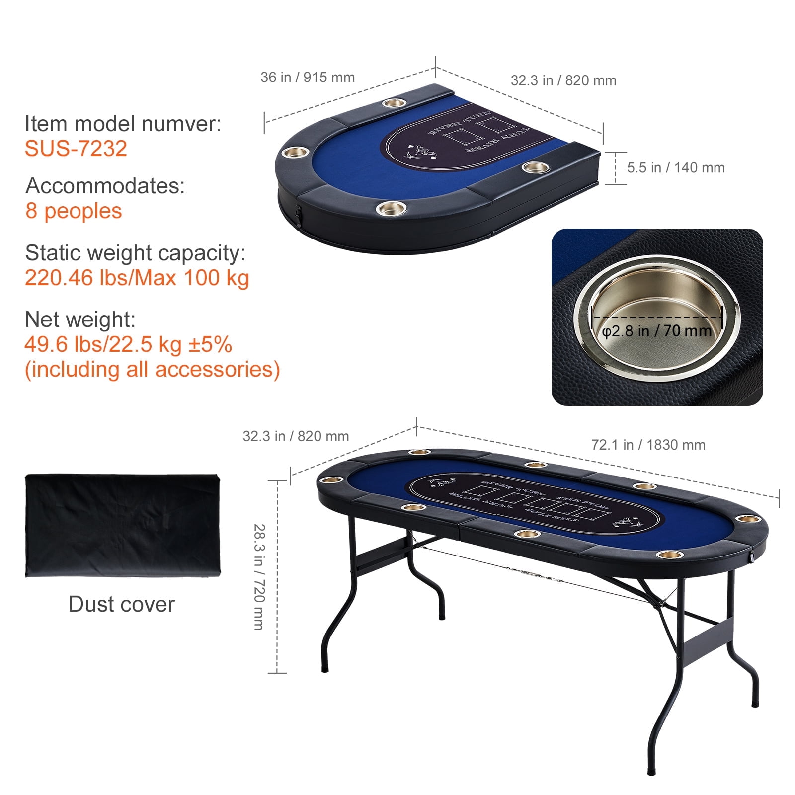KFFKFF Portable 8-Seat Poker Table, Oval Folding Card Game Table for Texas Holdem & Blackjack, Equipped with Cushioned Edges & Metal Drink Holders, 72" Leisure Gaming Table, Blue