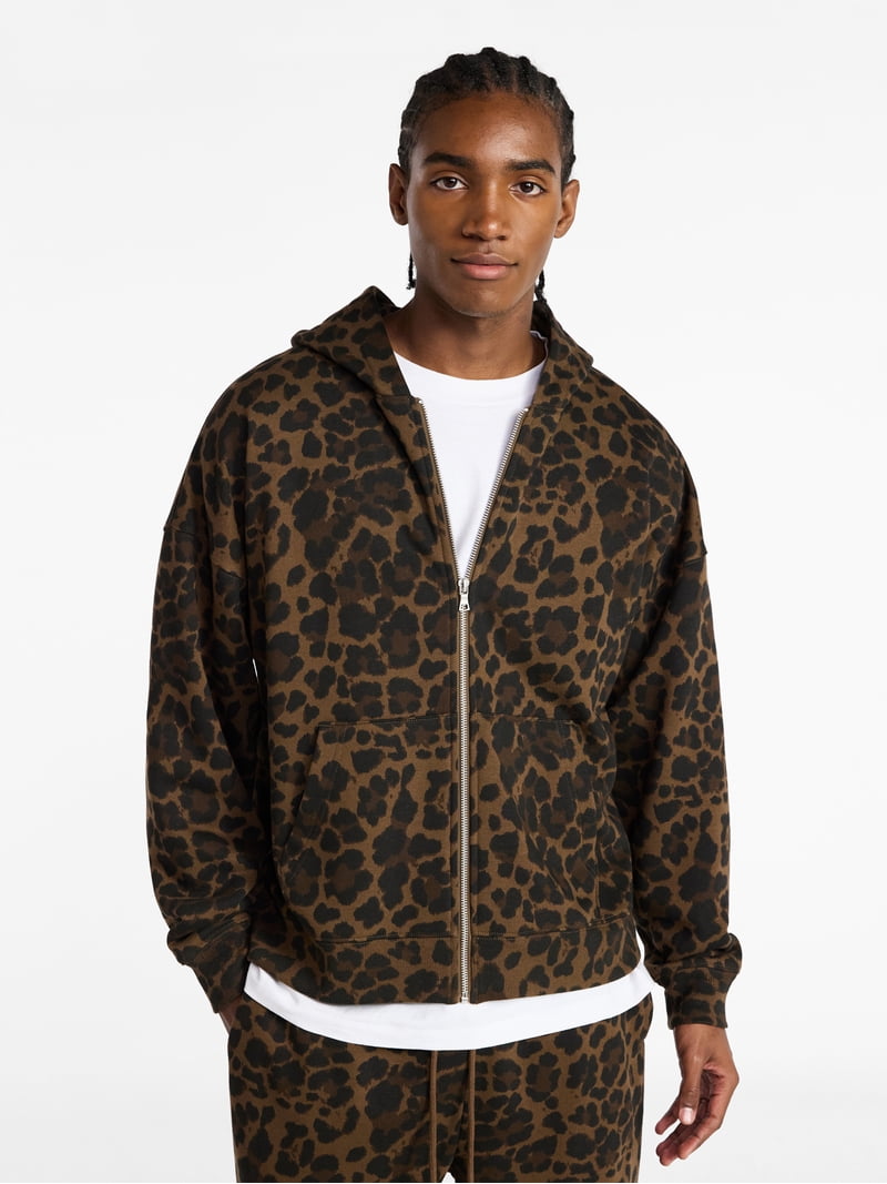 トップス YOUHEE LEOPARD HOOD ZIP-UP BROWN No Boundaries Zip Hoodie with Long Sleeves, Men's XS-4XLT