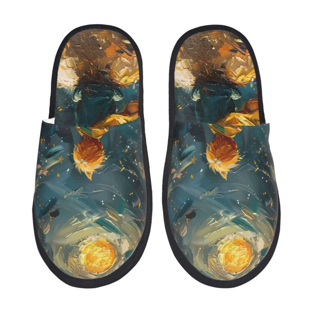 Fotbe Whimsical Starry Night Scene Pantuflas Peludas para Mujer con Estampado, Zapatillas de Peluche, Zapatos de Invierno para Casa, Uso Interior y Exterior-Large