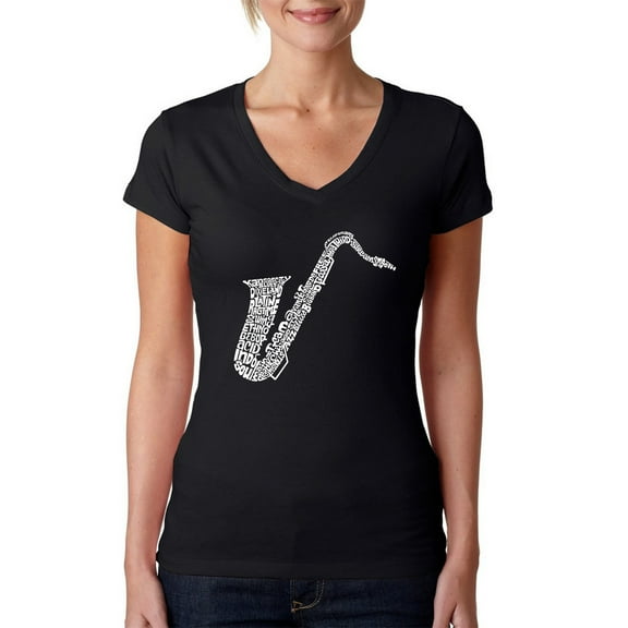 LA Pop Art Women's Word Art V-Neck T-Shirt - Sax