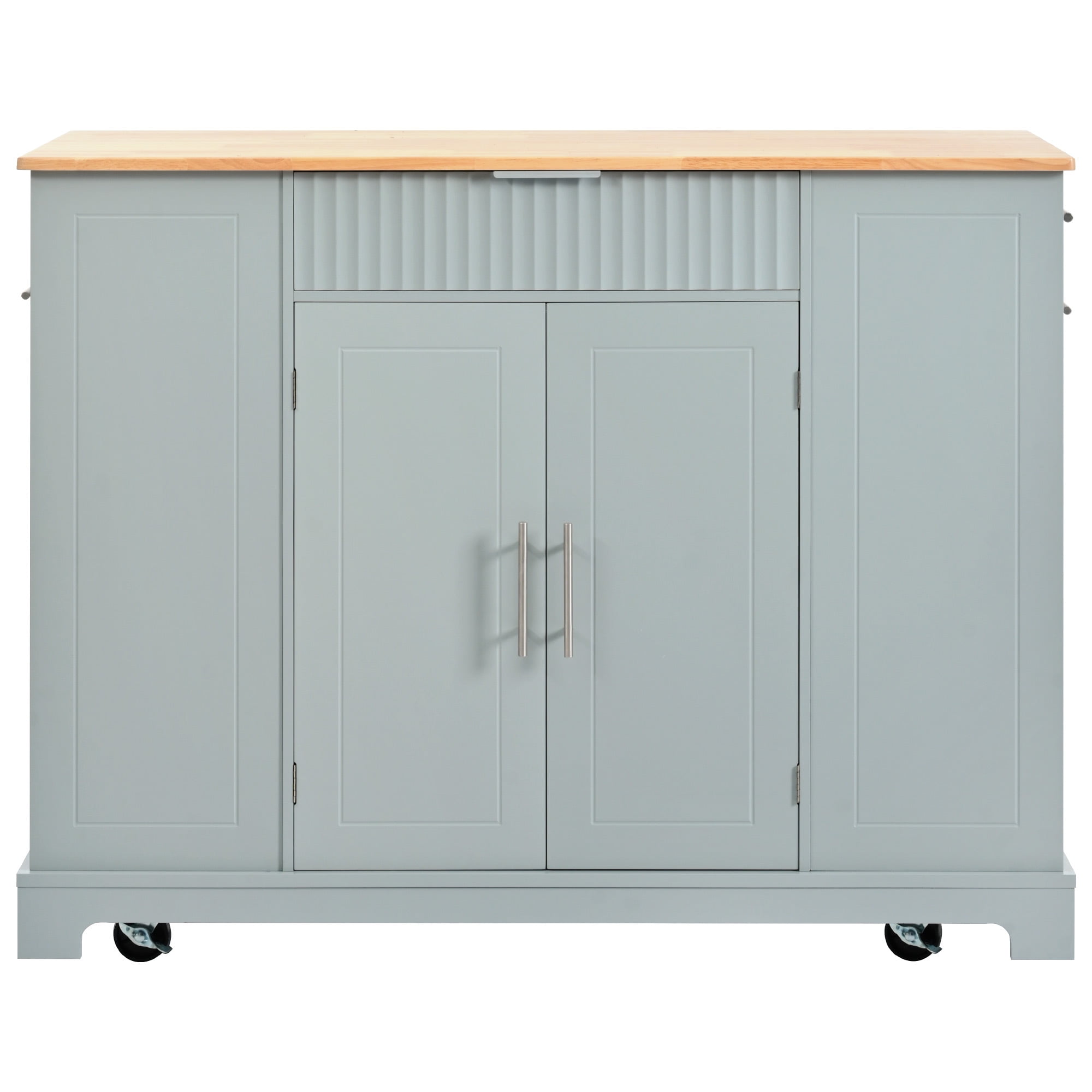 AENKYO Fluted Kitchen Island with Trash Can Storage Cabinet, Power Outlet, Internal Storage Rack, Rolling Kitchen Islands on 5 Wheels with 3 Drawer, 3 Open Side Racks for 10 Gallon Garbage Bin,Green