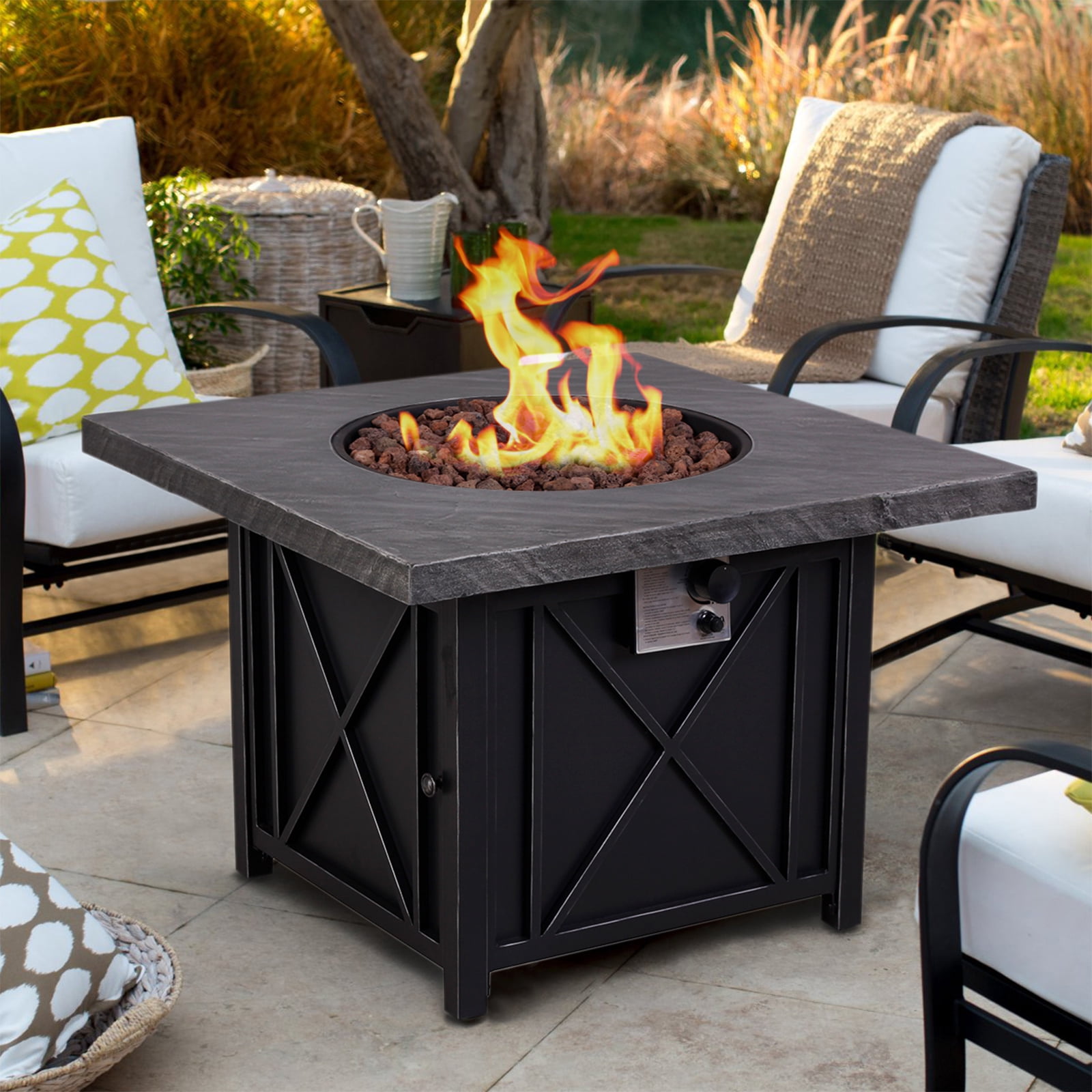 Afterglow 34.5" Propane Fire Table - Outdoor Tabletop Fire Pit for Patio, Backyard & Garden | Terra Fab Top & Steel Base | Includes Weather Resistant Cover, Lava Rocks | 40,000 BTU, CSA Certified