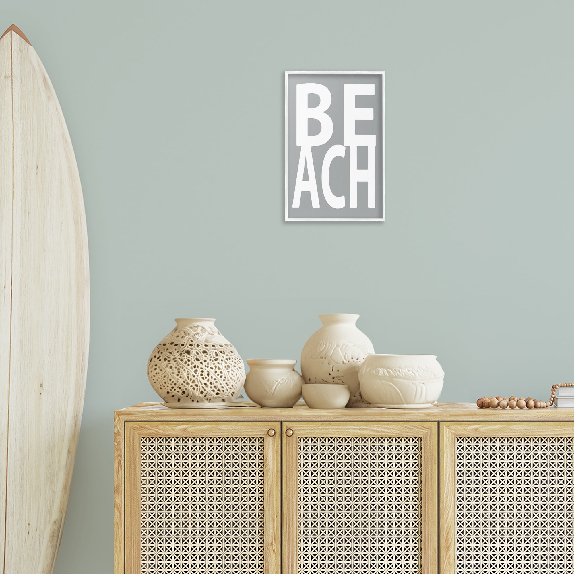 Stupell Industries Beach Word on Grey Typography Painting White Framed Art Print Wall Art, 12 x 18
