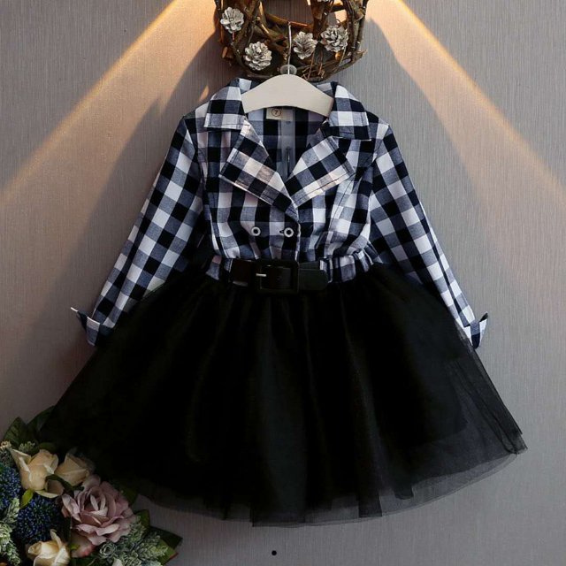 Vestido de niña de moda de otoño e invierno, vestido a cuadros de manga larga, cinturón con costura de malla, vestido de arena