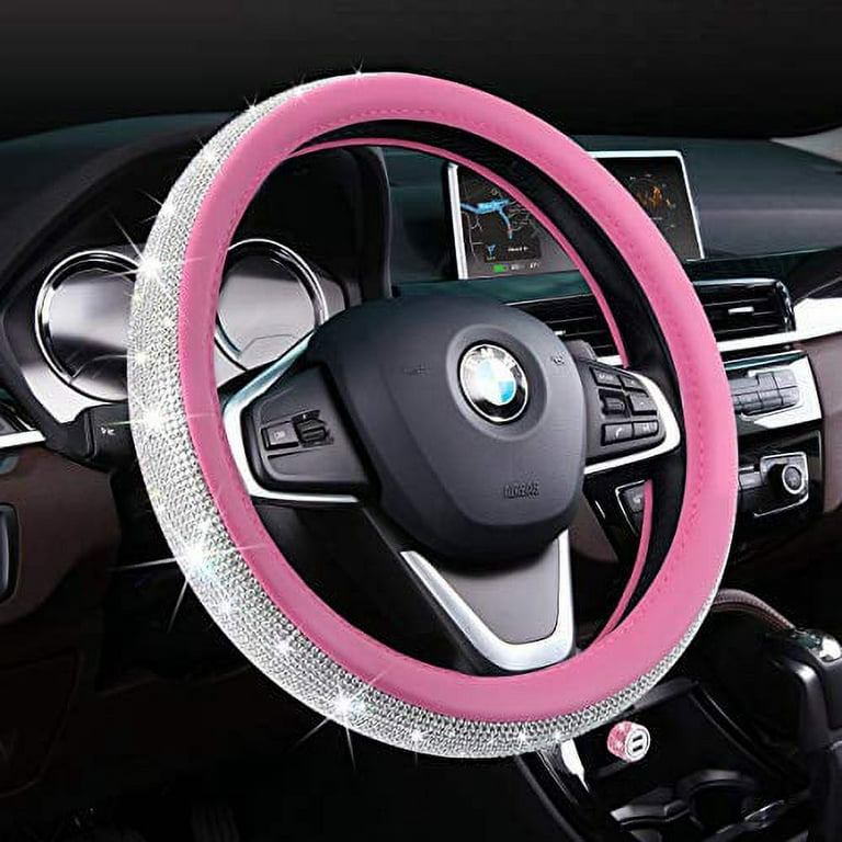 Bling Car Accessories Set, Pink Bling Steering Wheel Cover for Women  Universal Fit 15 Inch, Bling License Plate Frame for Women, Bling Car USB