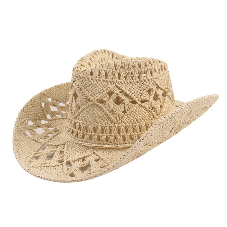 HEVIRGO Cowboy Hat Classic Vintage Hollow Out Unisex Curled Edge Wide Brim  Men Sun Hat Fishing Hat Beige Straw