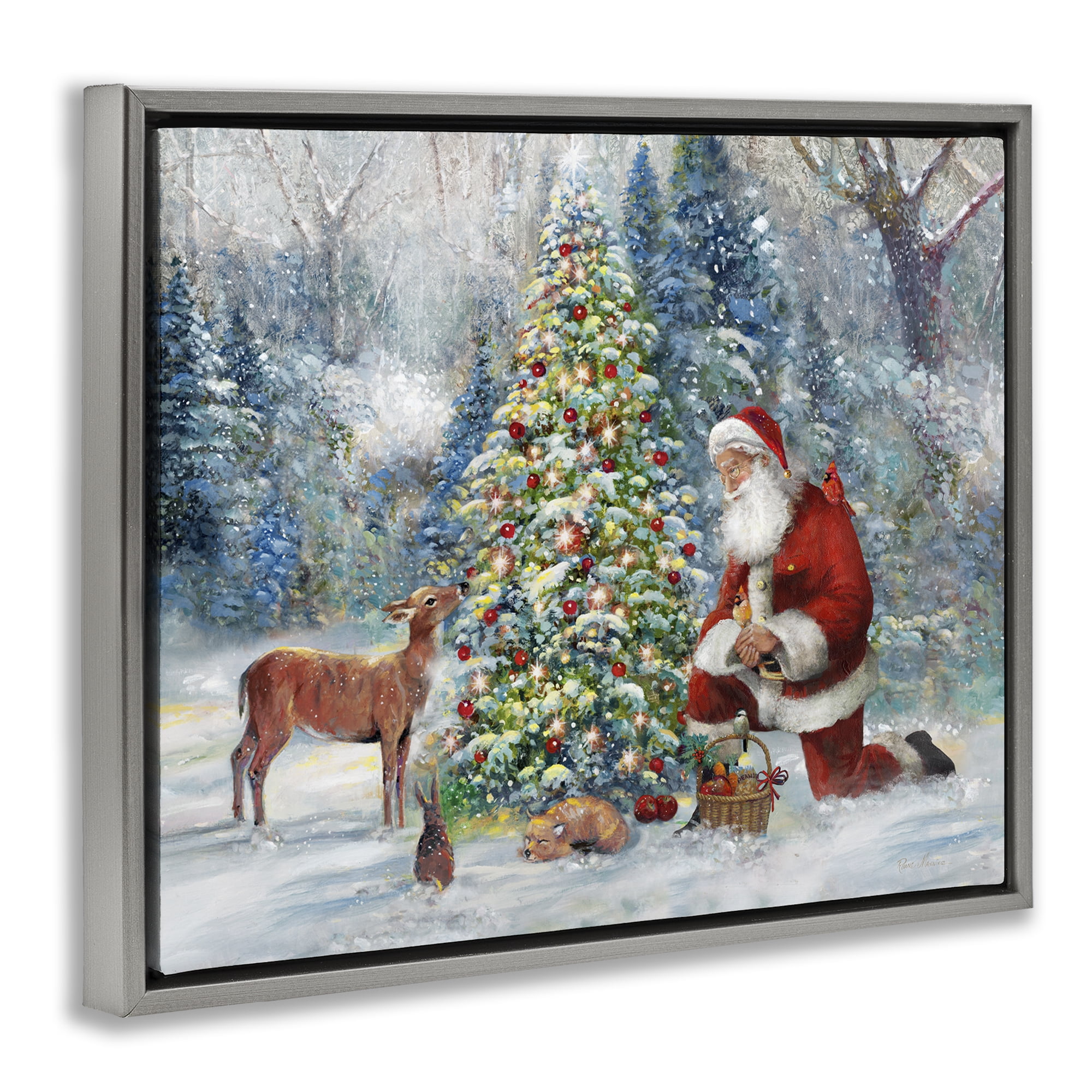 Stupell Industries Santa & Baby Deer Holiday Painting Gray Floater Framed Canvas Art Prints Wall Art, 31 x 25