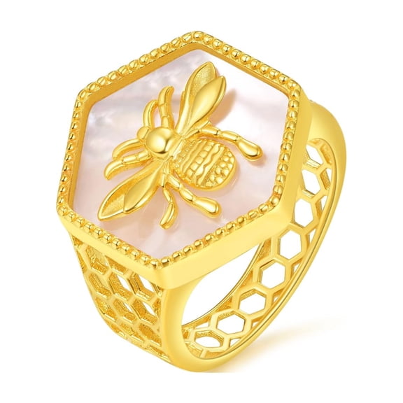 PRAYMOS 14k Gold Plated Bee Chunky Dome Thumb Ring Stacking Band for Women Statement Party Wedding Ring Size 7 to 9 (Gold Bee Ring, 8)